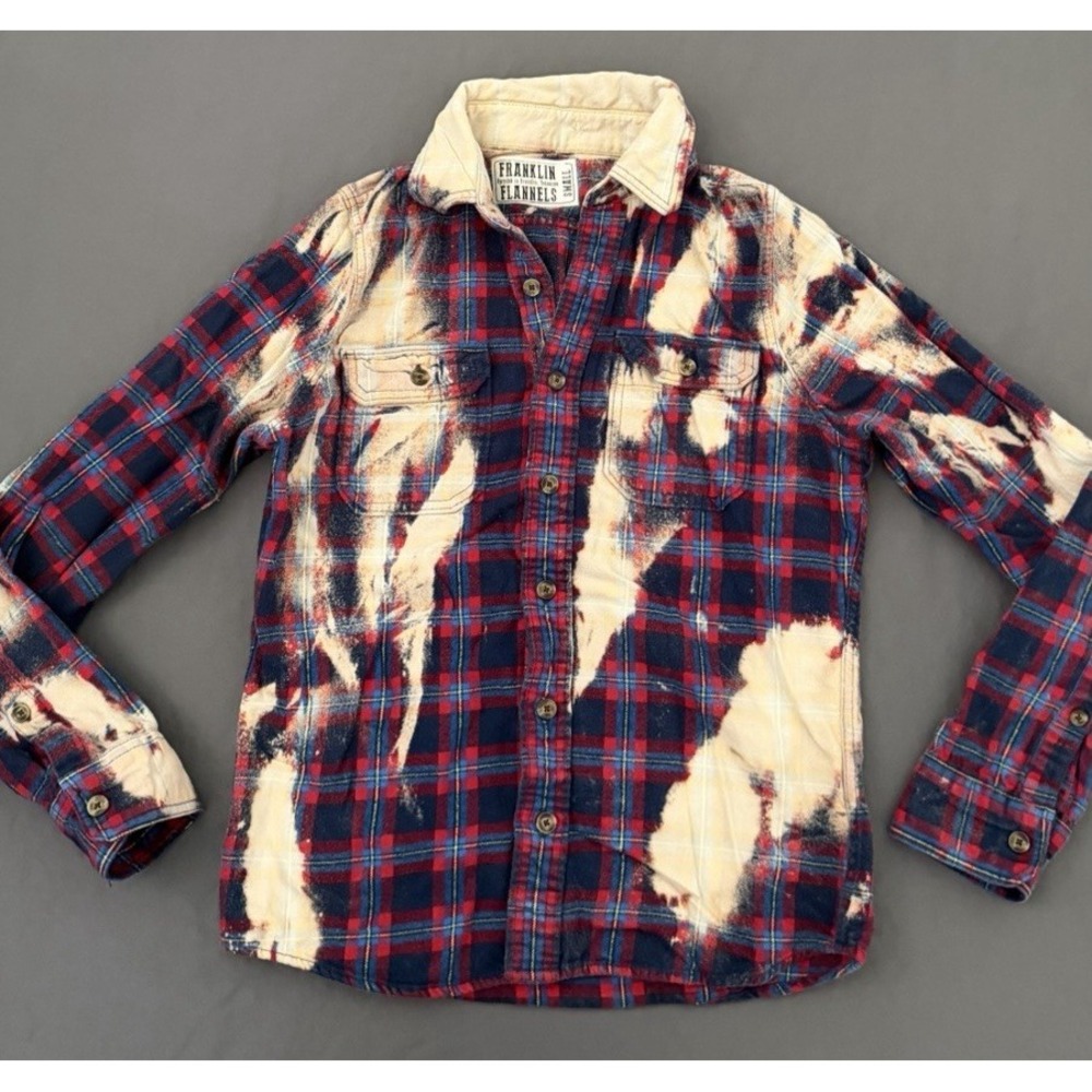 Franklin Flannels Shirt Mens Small Red Upcycled Bleach Distressed Plaid Button